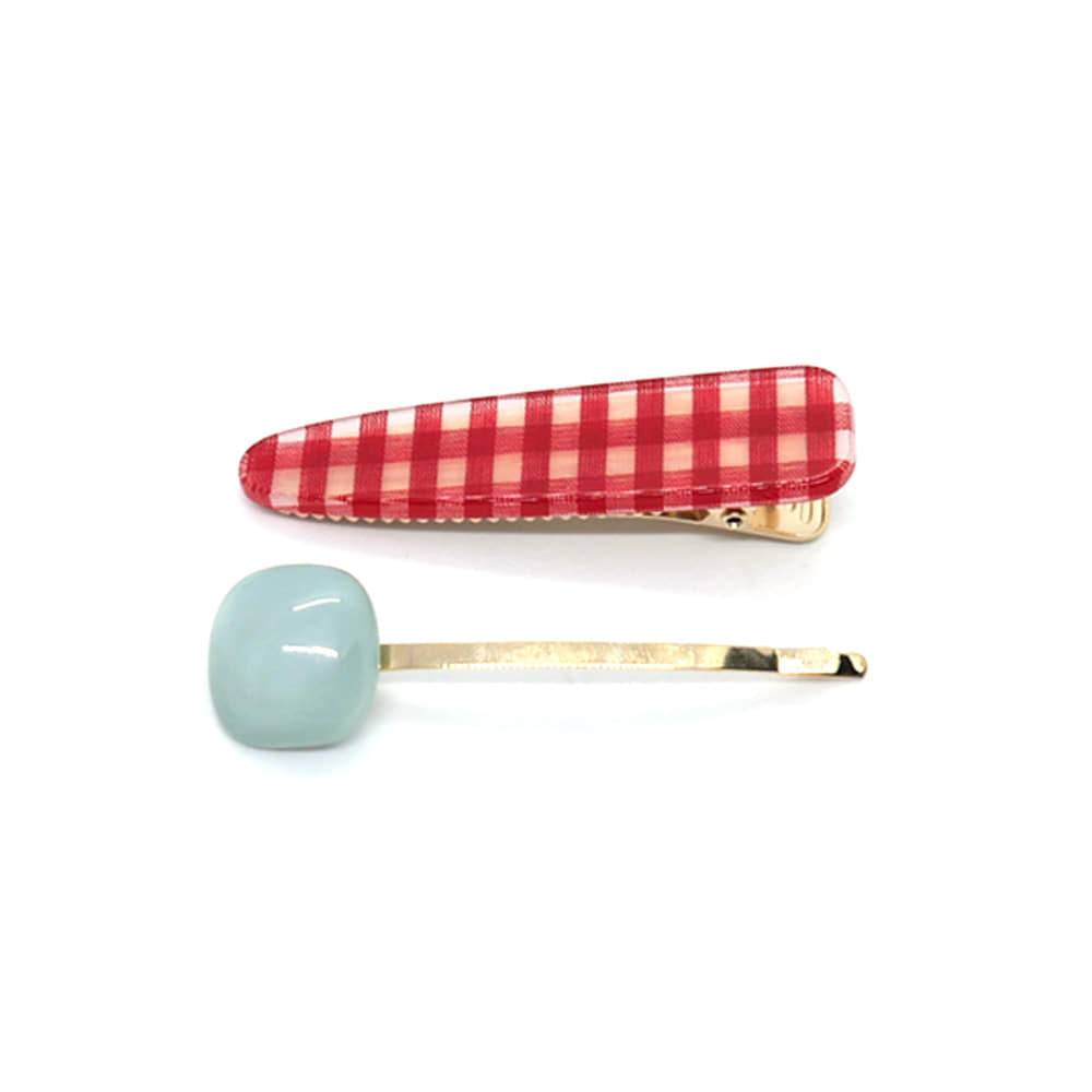 gingham check hairpin  set (red)